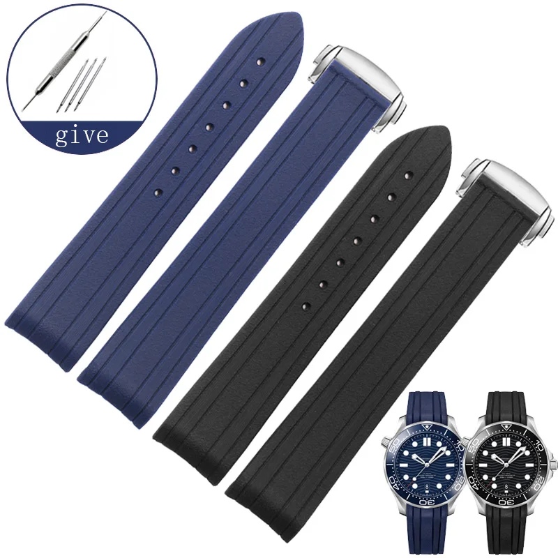 

YOPO Soft Comfortable Striped Rubber WatchStrap Substitute 300 Arc Mouth Folding Buckle Blue Silicone Watchband 20mm