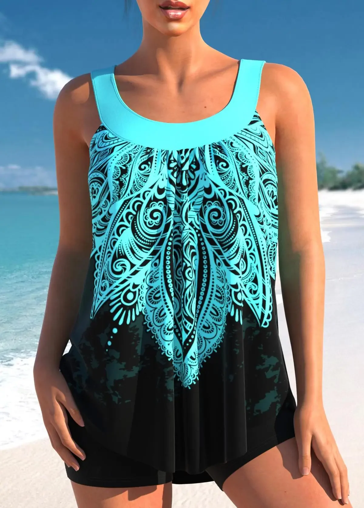 Women's Tropical Print Tankini Set - Stretchy, Non-Transparent Swimwear with High Waist Shorts Bikini Summer Beachwear