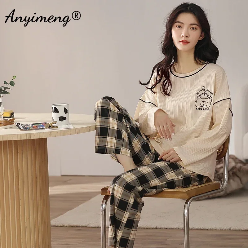 Conjunto de pijama kawaii coreano feminino, pijama de algodão, manga longa, pijamas grandes, moda, outono, inverno, novo, plus size, 4XL, 5XL