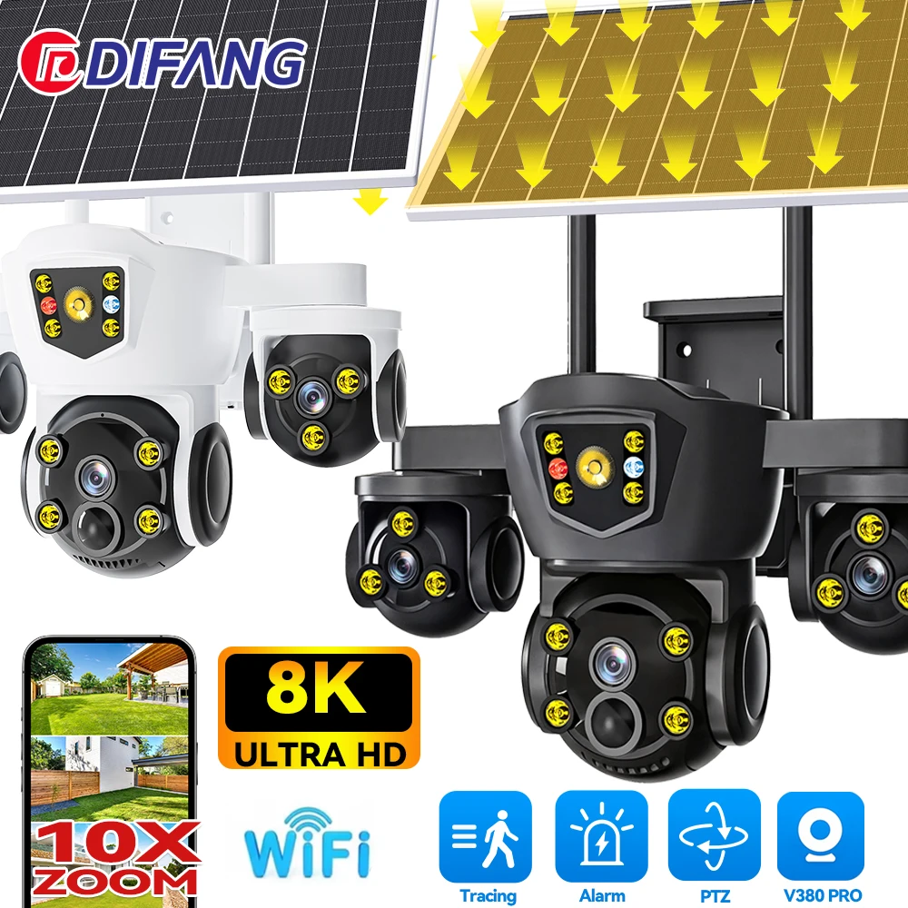 

DIFANG 8K 15MP WiFi Solar Camera Three Screen Three Lens Battery Security Camera Auto Tracking Wireless Solar Surveillance V380
