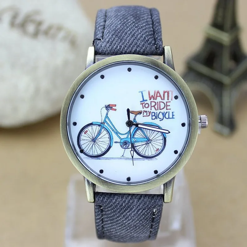 New Fashion Bicycle Women Watch Jean Fabric Leather Strap Dress Ladies Casual Quartz Wristwatches Relogio Feminino Часы Женские