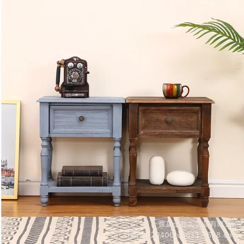 American Retro Wooden Bedside Table With Drawers Simple Living Room Sofa Side Table Magazine Storage Cabinet