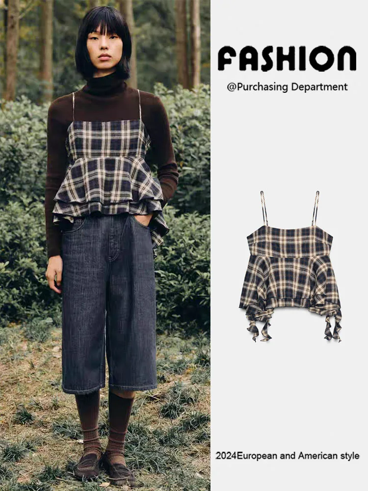 Faionable Women's Straight Cut irt Winter 2025 New Arrival Decorative Plaid Top Versatile Sli Ethnic Stage Costume