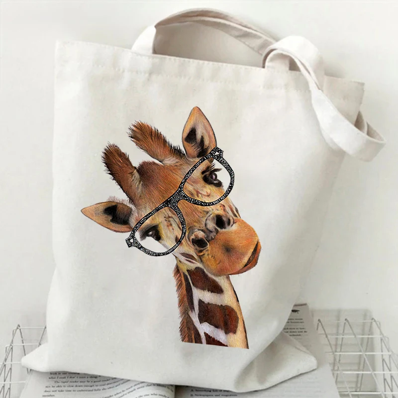 Women Tote Bags Funny Glasses Giraffe Pattern Canvas Shoulder Bag Unisex Designer Giraffe Lovers Gifts Versatile Storage Bags