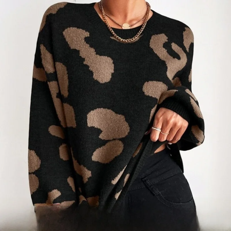 

Fashionable Classic Leopard Print Knitted Sweater Women's round Neck Pullover Thickened Autumn Winter Top Quality Polyester