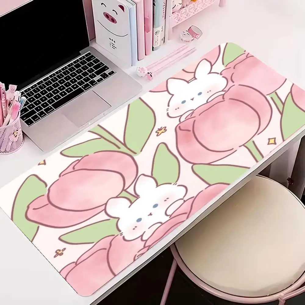 Pink Tulip Bunny Large Mouse Pad, Cute Watercolor Rabbit Desk Mat, Non-Slip Smooth Surface Gaming Mousepad for Girls