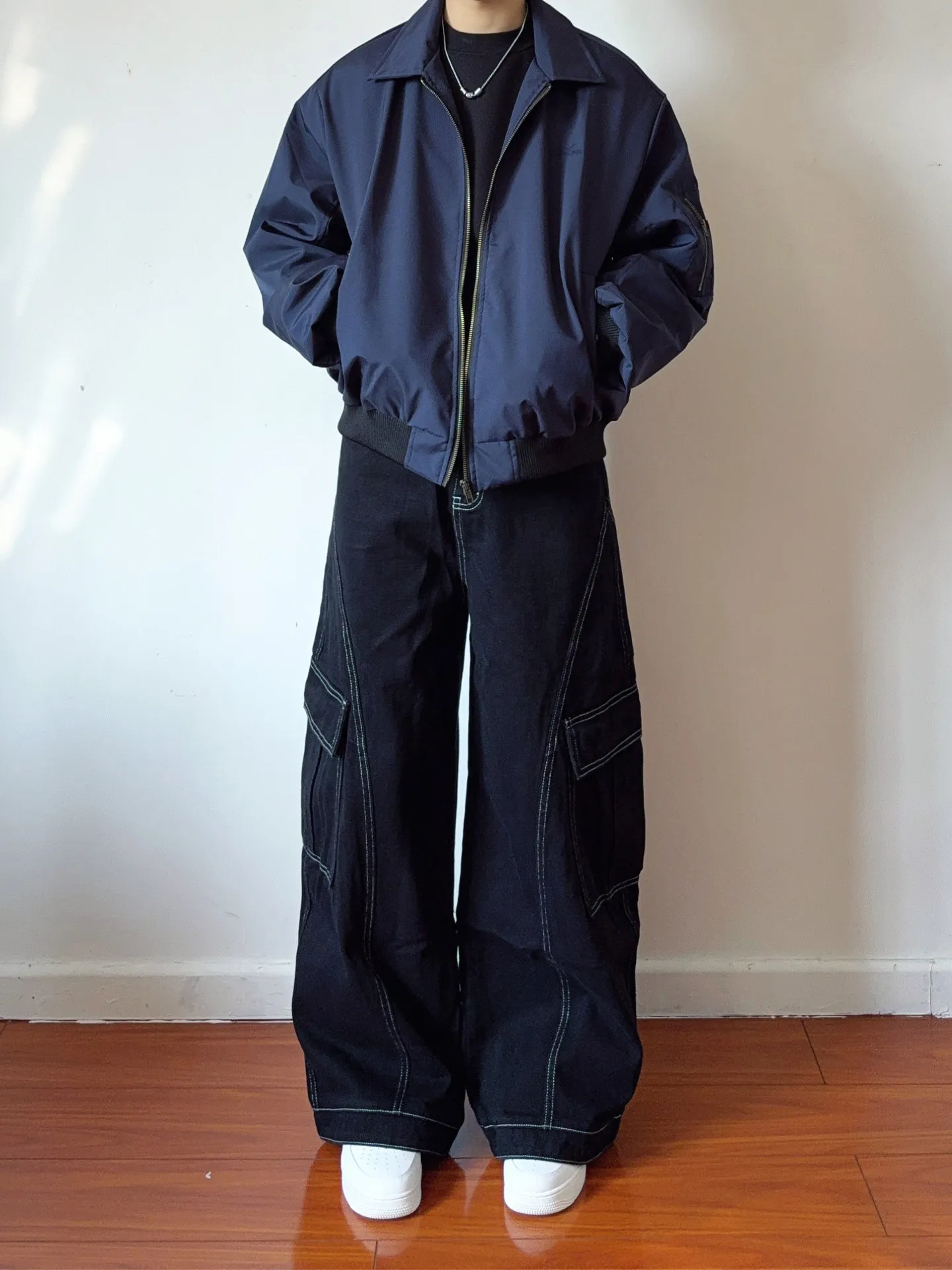 

American Decosition Design Workwear Jeans Men's Loose Wide Leg Big ket Casual Pants mid Waist Zipper Closure Pure Color