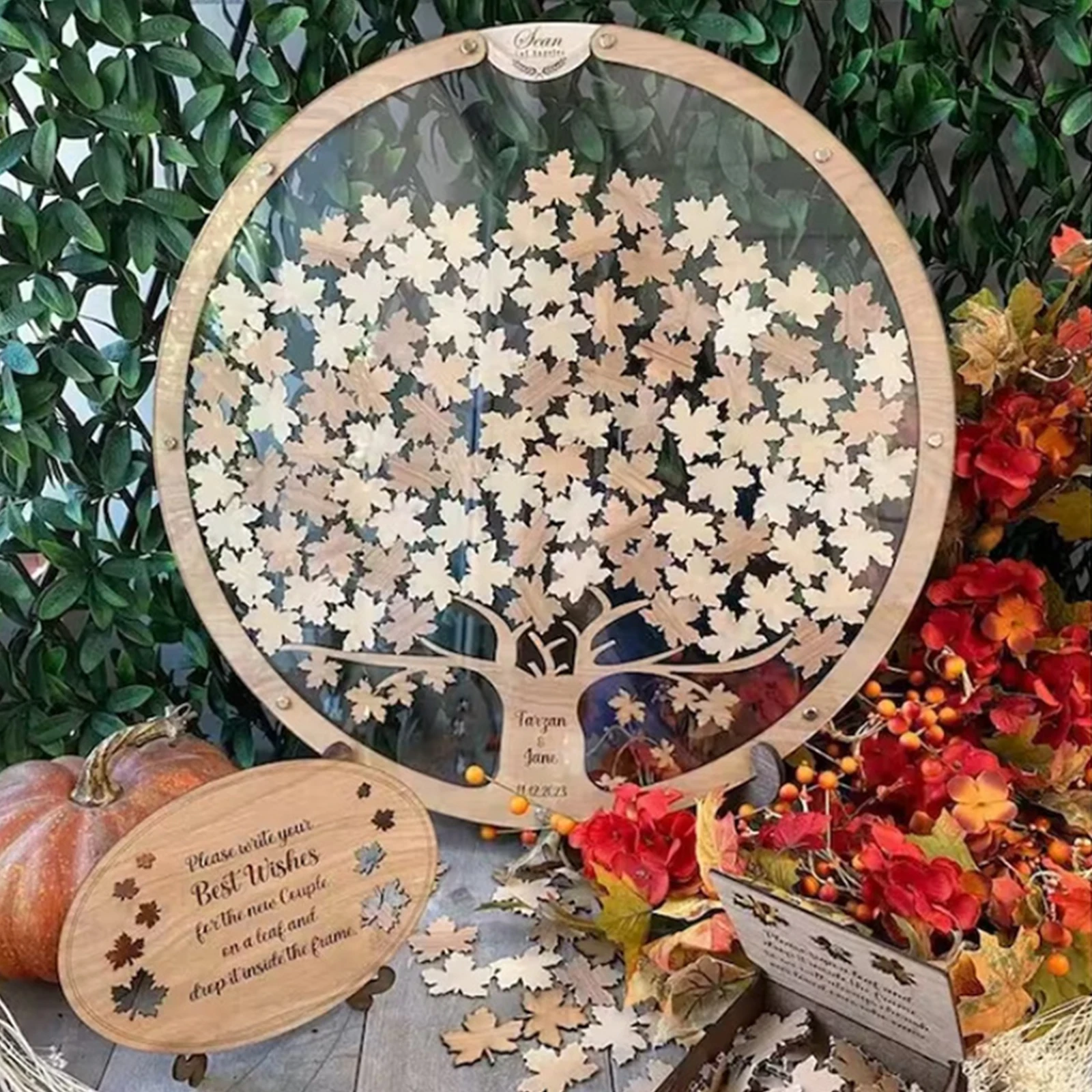 

Wooden Guest Drop Boxes with 60/80pcs Maple Leaves Best Wishes Message Box DIY Souvenirs Ornaments for Wedding Reception