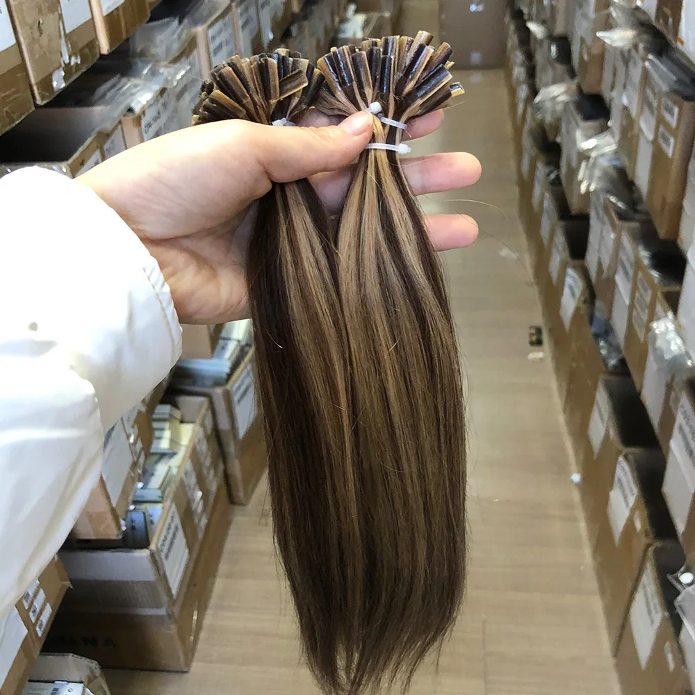 Highlights Brown Keratin Tip U Tip Hair Extensions Human Hair Straight Hot Fusion Human Hair Keratin Nail Tips Hair Extensions