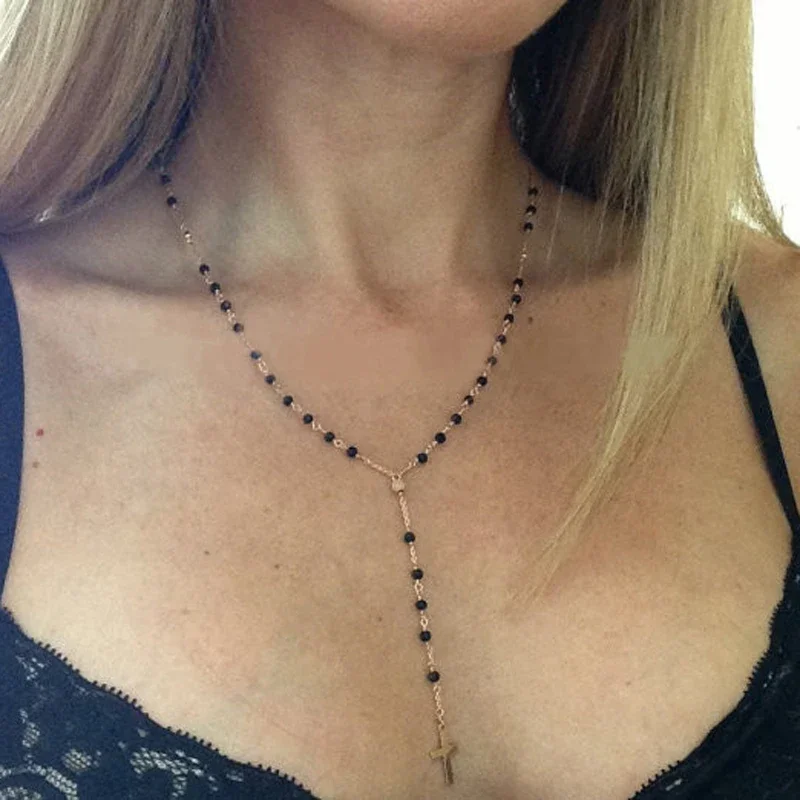 Long Tassel Cross Pendant Necklaces For Women Jewelry Sweater Rosary Black Beads Necklace Chain Bijoux Femme Kolye Collares