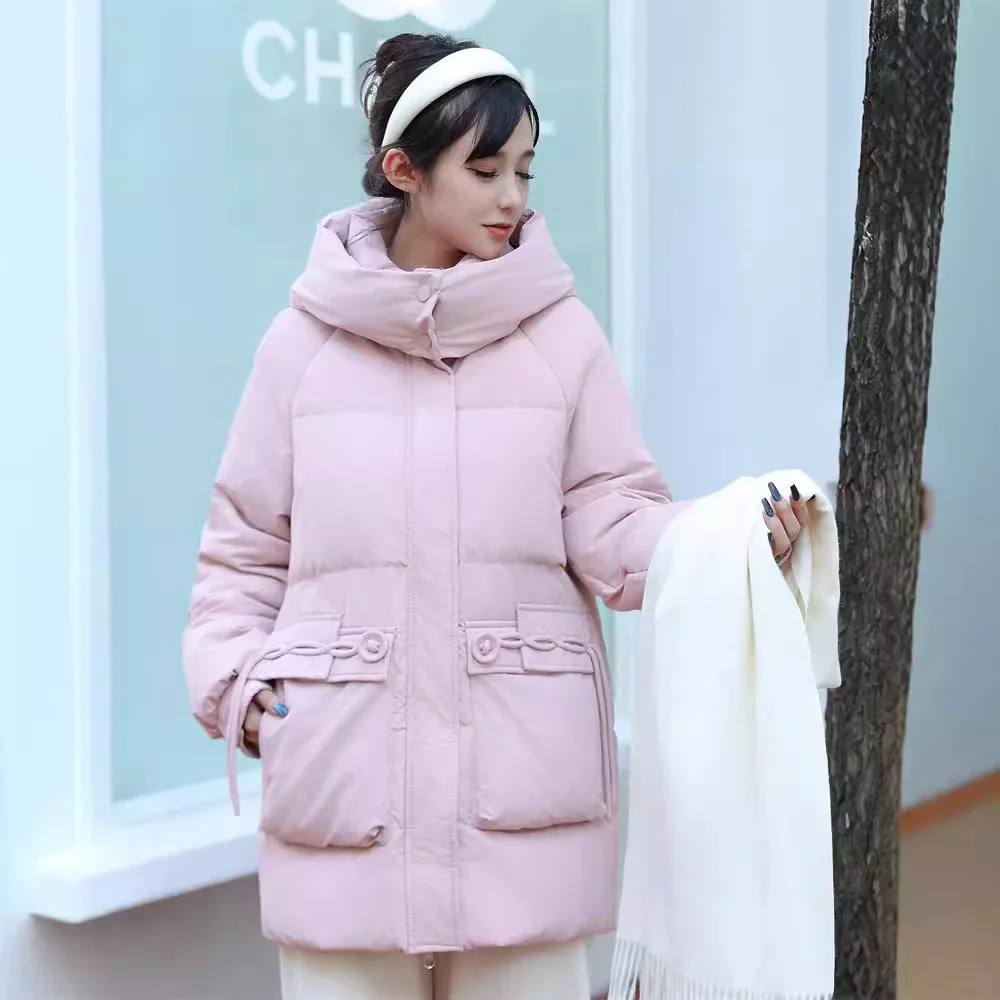 معطف نسائي سميك بغطاء للرأس كبير الحجم، جاكيت أبيض من ريش الإوز، كاجوال دافئ، معطف متوسط الطول، سترة ثلج #1