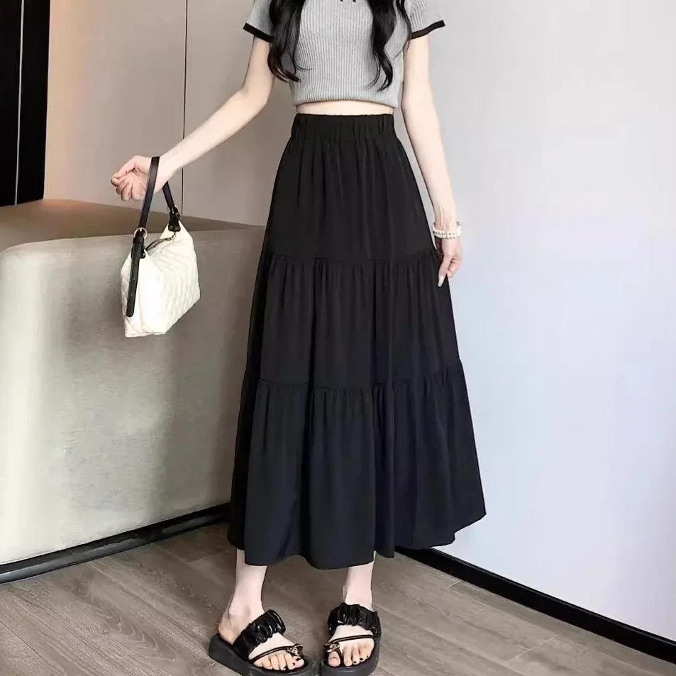 Black High-waisted Niche Skirt Women's Spring Season Elegant Slimming A- line Long Dress High-end Feel Accentuated By Pleats