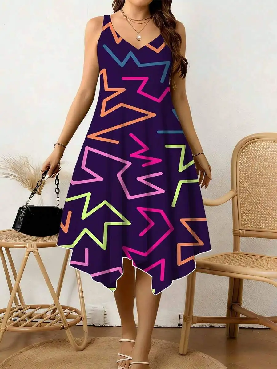 

Women Sleeveless V-Neck Dress With Bold Geometric Print, Asymmetrical Hem, Summer Casual Wear For Beach, Festival And Leisure