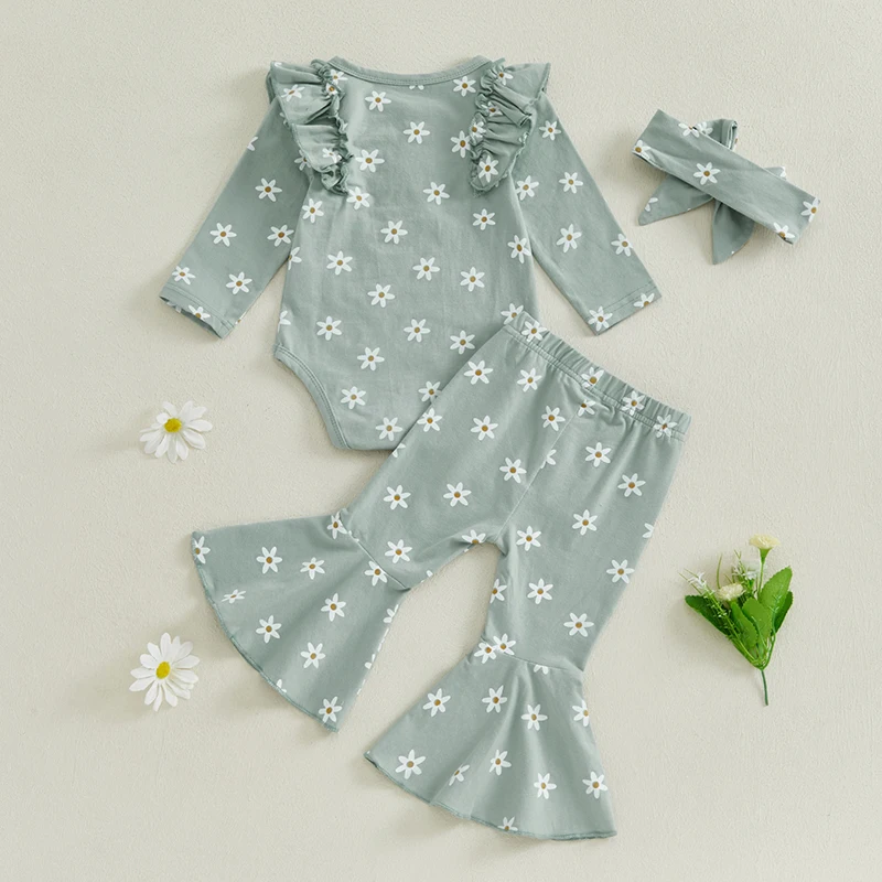 Baby Girls Fall Outfits Daisy Print Long Sleeves Romper and Elastic Flared Pants Headband Set 3 Piece Clothes