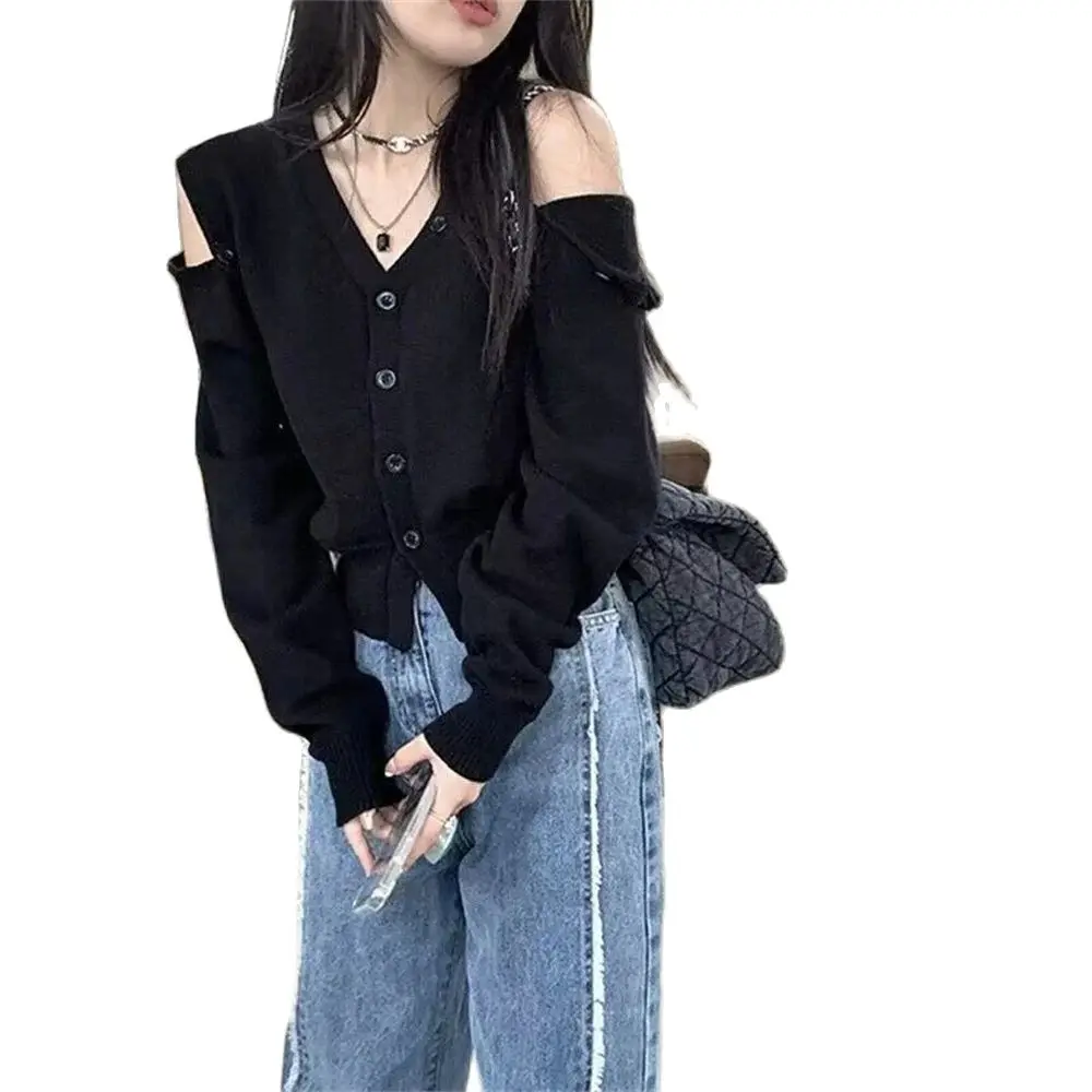 Women V-neck Knitted Jumper Sweet Sexy Off Shoulder Long Sleeve Crop Top 2023 Korean Fashion Autumn New Black Oversized Cardigan