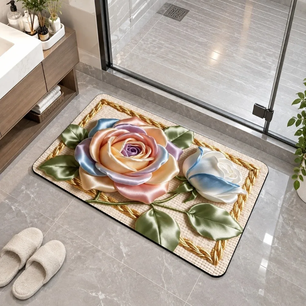 New Quick Dry Floral Pattern Rug Non Slip Lifelike Visuals Bath DoorMat 40×60CM Diatom Mud Bedroom Floor Mat Home Decor
