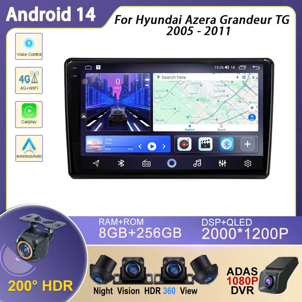 

Car Android 14 For Hyundai Azera Grandeur TG 2005 - 2011 GPS Navigation Dash Cam Multimedia Player High-performance CPU Screen