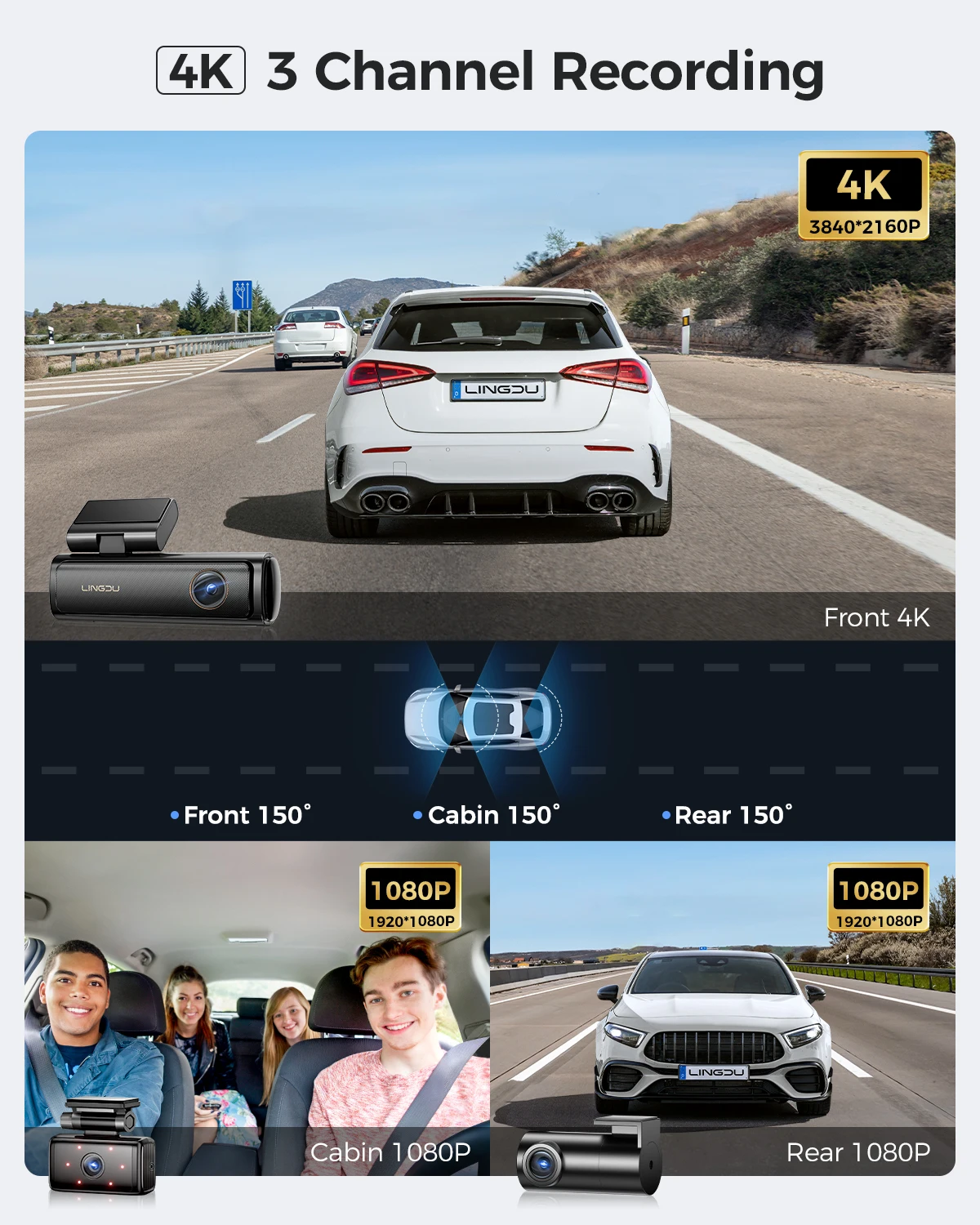 LINGDU AM100 Car DVR 3 Channel Dash Cam 4K Built-in GPS 5G WIFI Front and Rear Inside Dashcam for Car Voice Control Parking Mode