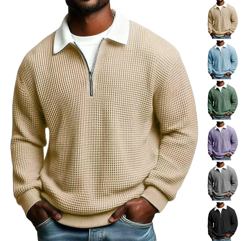 Solid color big waffle long-sleeved autumn casual sports lapel zipper men's shirt POLO