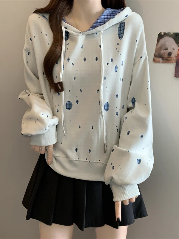 

plus Size American Retro Plaid Spliced Hole Hoodie Women Loose Belly Cover Slimming Trendy Top Breathable Long Sve Crew Ne