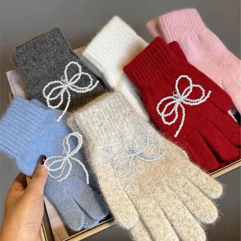 Korean Ins Pearl Bow Finger Gloves DIY Elegant Knitted Bownot Gloves Set Autumn Winter Thicken Warmer Full Fingered Mittens