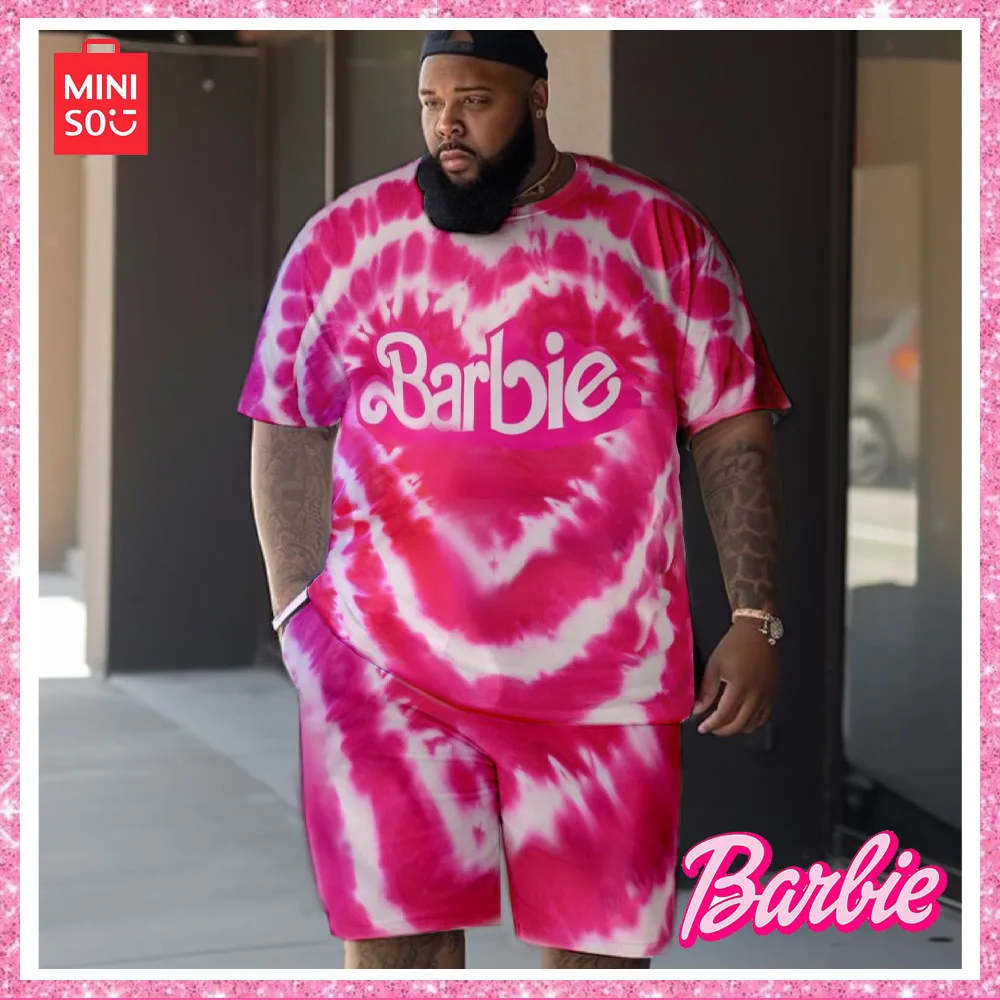 

Miniso Barbie Letter Bright Pink Beach Shirt Set Fashion Trend 3D Printed Loose Short Sleeve Long Pants Christmas Halloween Gift