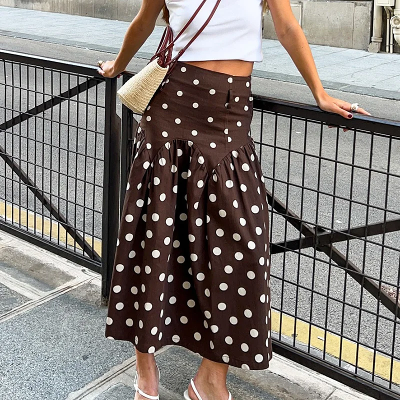 

Ticketsx Fashion Polka Dot Long Skirt Summer Women's Ruched Printed Patchwork Skirt Elegant Casual Commute Vacation Female Skirt