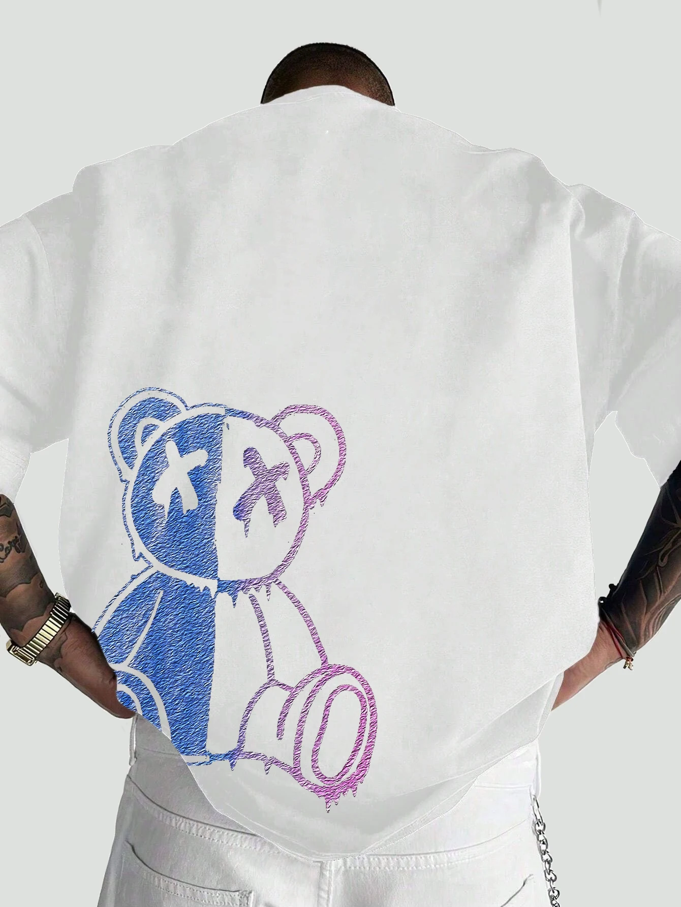 Men Pink Oversized T-Shirt Gradient Drip Split X Eyes Bear Graphic Back Print Y2K Streetwear Summer Tee