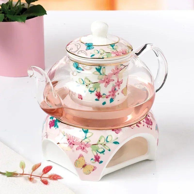 Afternoon Tea Teaware, Coffee Set, Teapot with Bone China Heat-resistant Warm Tea Stove, Borosilicate Glass Heatable Pot