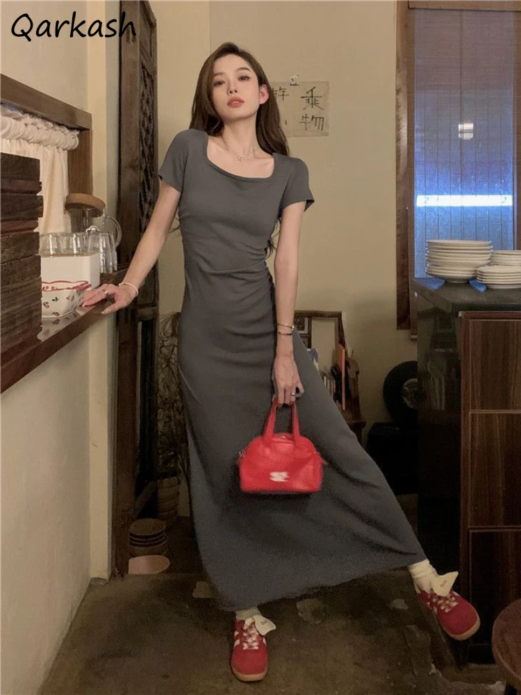 

Summer Dresses Women Square Collar Pleated Flattering Waist Slender A-line Midi Temperament Simple Korean Style Popular Vestidos