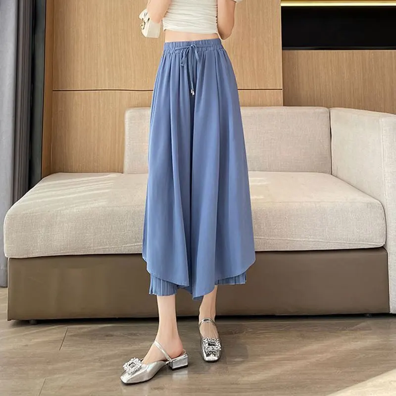 Summer Wide Leg Pleated Cropped Pants High Waist Elastic Fashion Drawstring Female Clothing Basic Patchwork Loose Casual Pants