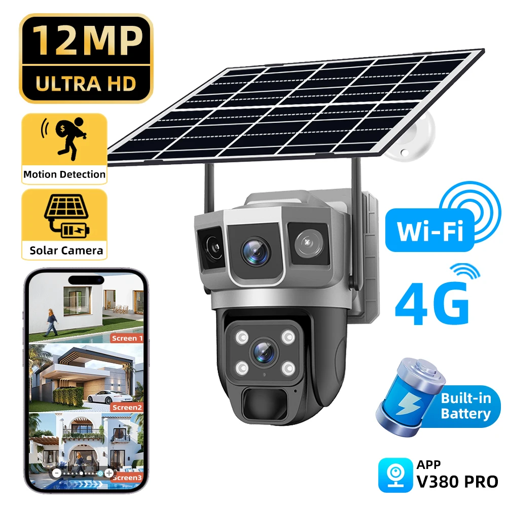 

12MP WiFi IP Camera With Solar Panel Dual Lens Waterproof CCTV Battery Video Monitor PIR Motion Detect V380 Security Protection
