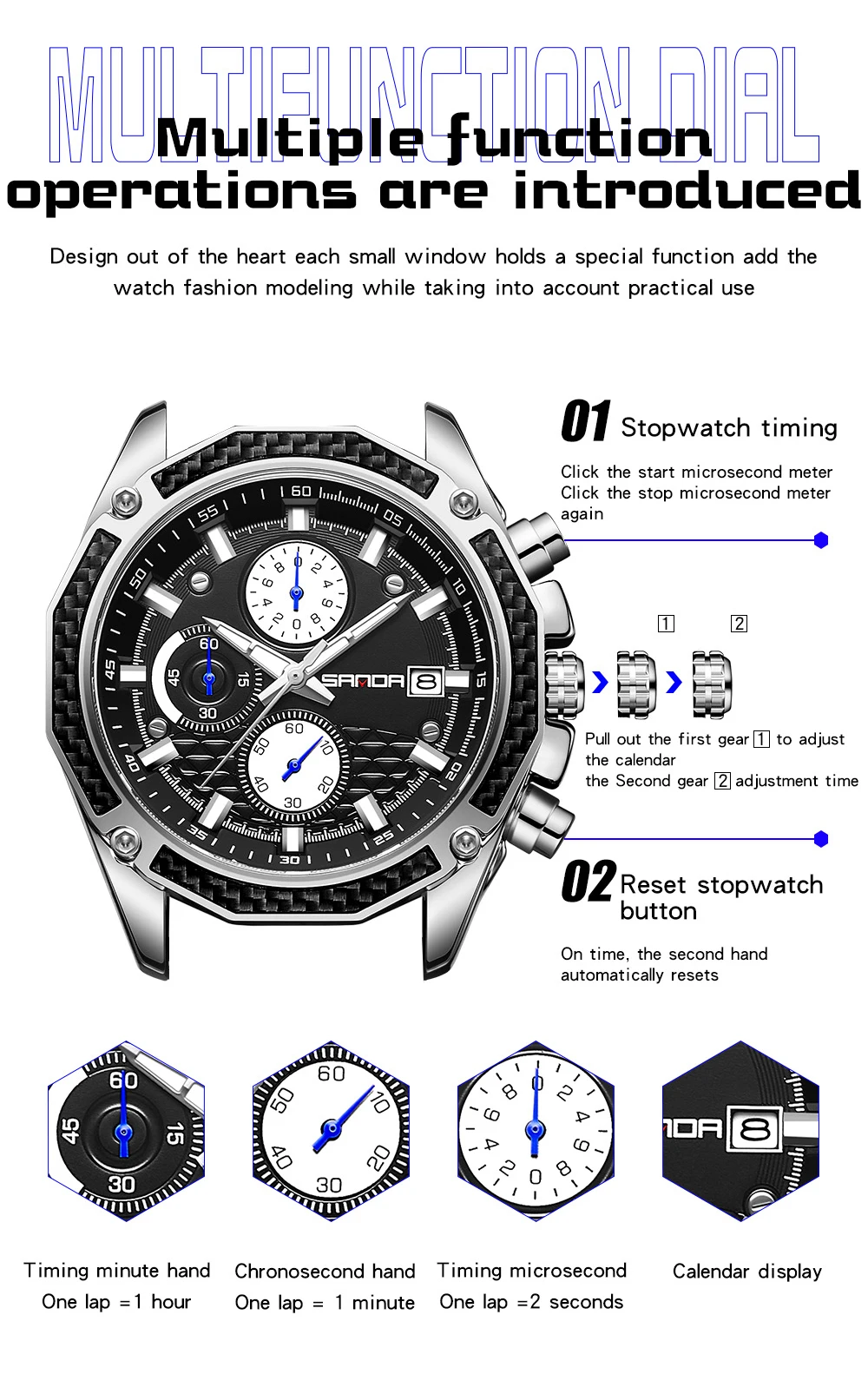 SANDA New 5301 Men's Quartz Watch with Three Eyes and Six Needles Waterproof Calendar Night Light Business Men's Quartz Watch