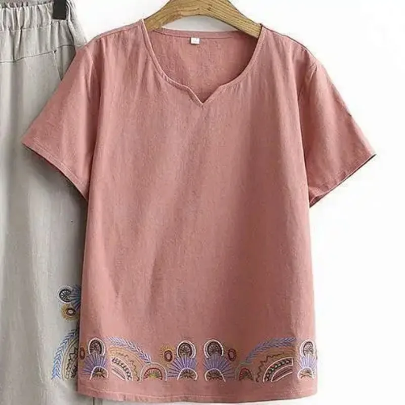 

Women's Ethnic Embroidered Short Sleeve T-shirt Casual Summer Cotton Top