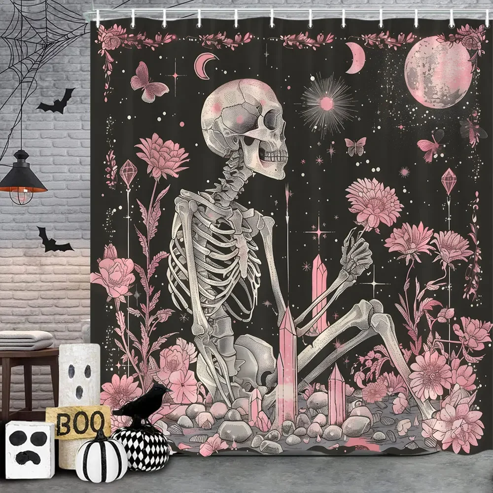 Scary Halloween Shower Curtain Vintage Skulls Eagles Pumpkins Roses Boho Polyester Fabric Bath Curtain Bathroom Decor with Hooks