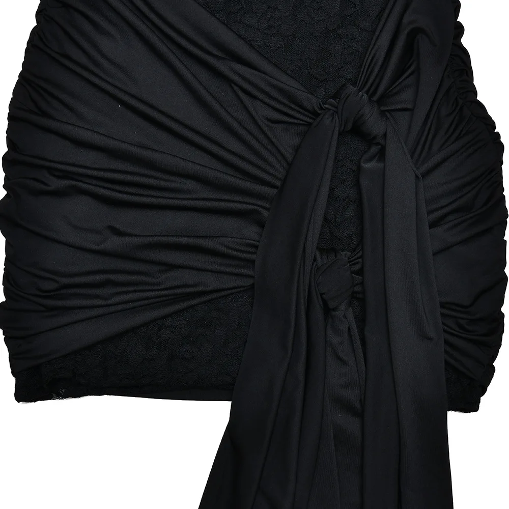 レースアップリボンシャーリングパッチワークシースルーレースボディコンミニドレス女性セクシーなOネック長袖スリム誕生日パーティークラブウェア