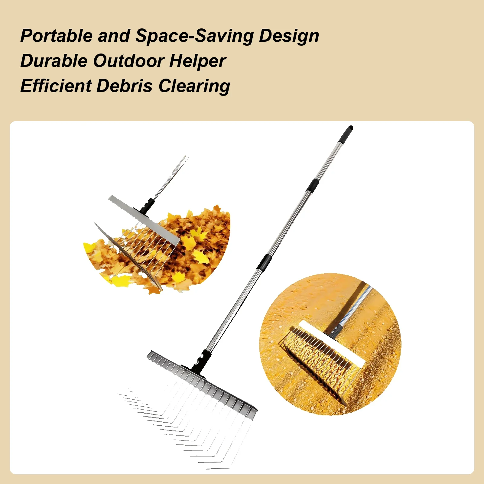 Adjustable Garden Leaf Rake Telescopic Hoe Grass Tool Multi Toothed Rake Metal for Deciduous Hay Grass of Lawn and Yard
