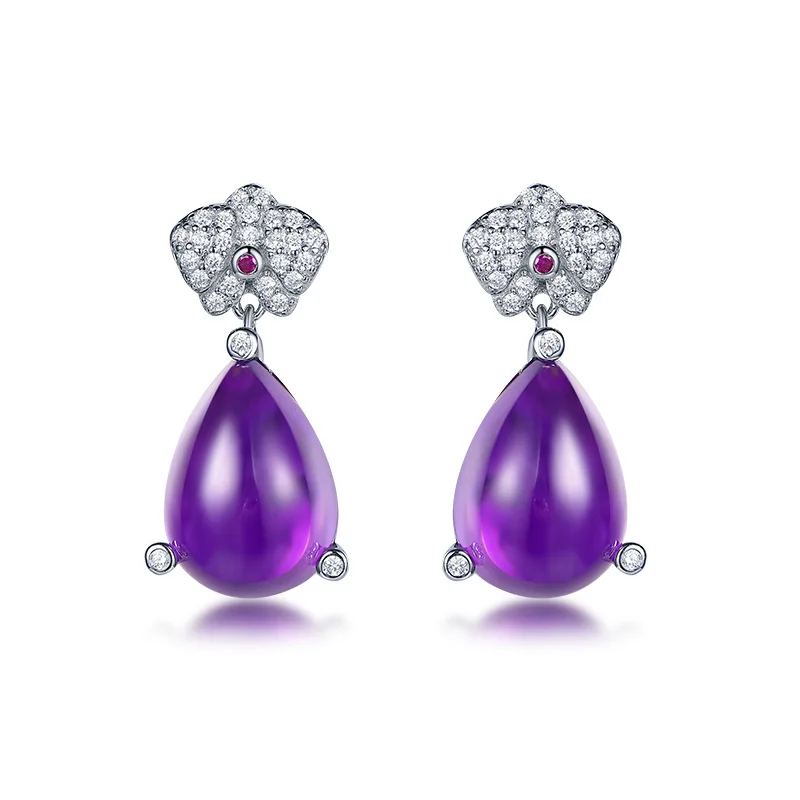 

Authentic S925 Sterling Silver Amethyst Drop Earrings Big Size Luxury Fine Jewelry Gift