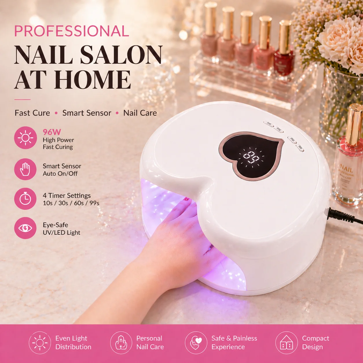 

UV LED Nail Lamp, Nail Dryer 96W Gel Polish Curing Lamp for Gel Nail Polish Kit Nail Art Accessories Pink (White)