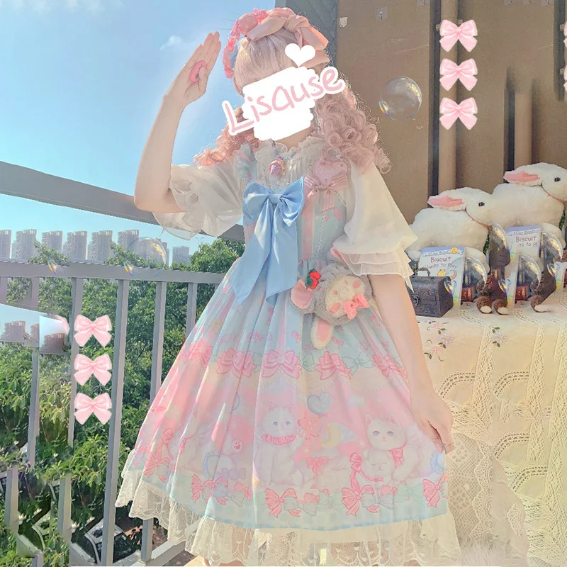 Japanese Sweet Kawaii Jsk Lolita Dress Victorian Vintage Women Sleeveless Bowknot Princess Party Dresses Dream Cat Print Girls