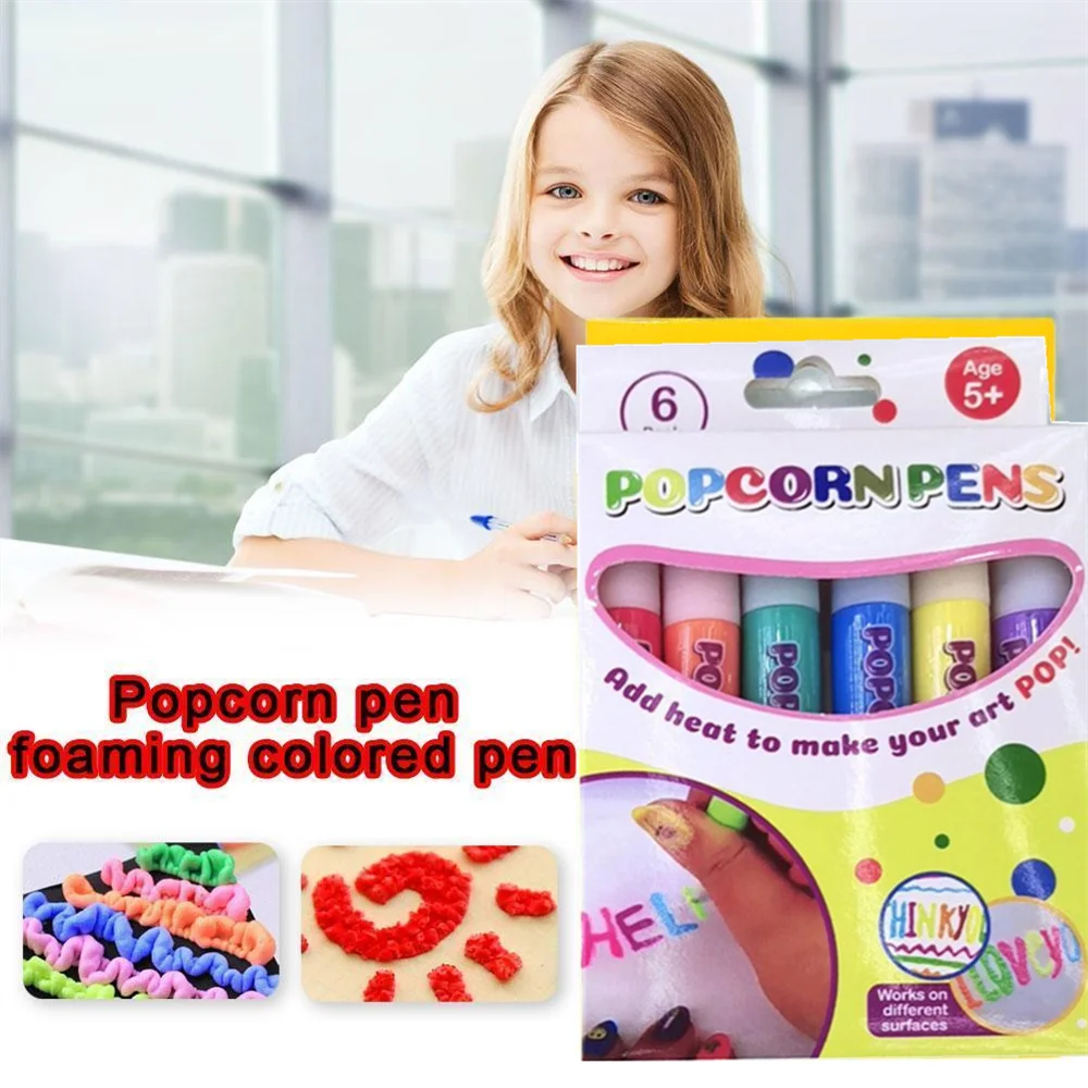 6pcs Magics Popcorn Pens Puffy Paint Bubble Pen For Greeting Birthday Cards Kids Children 3D Art Pens Kid Gift School Stationery