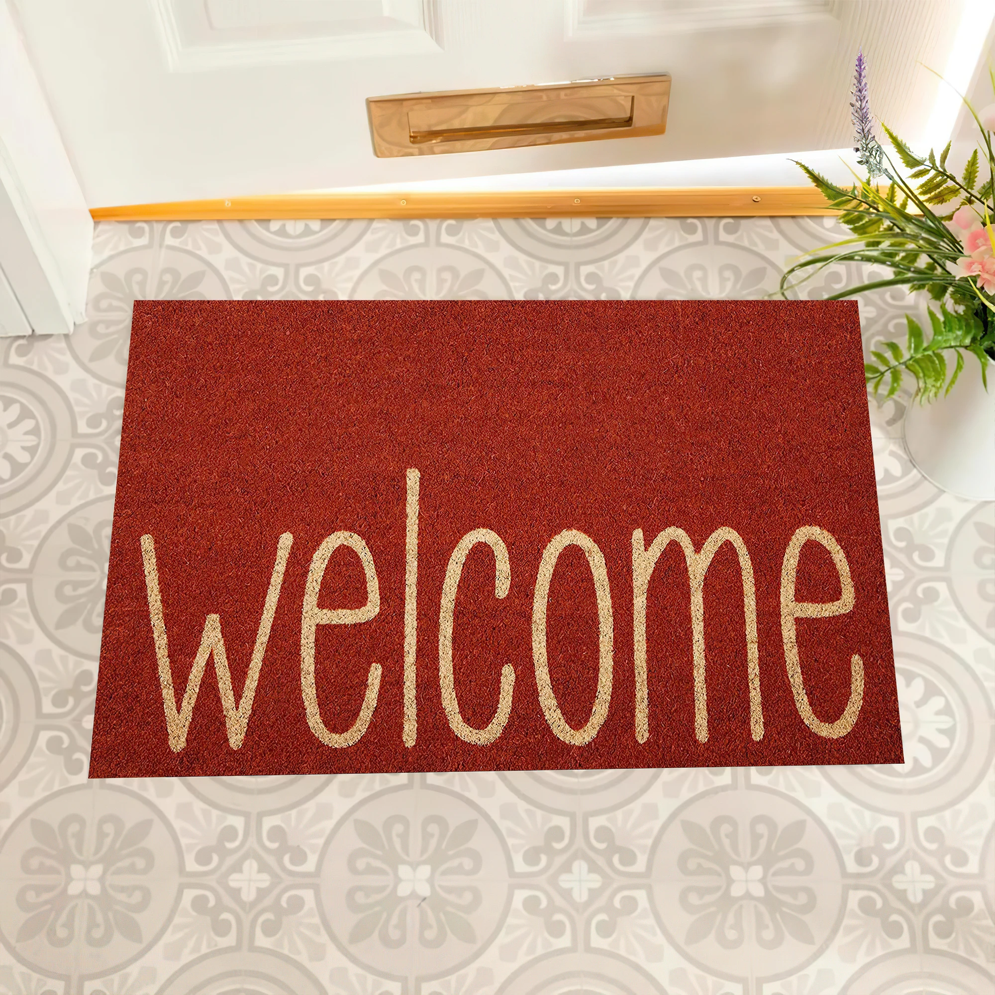 Classic Red Welcome Doormat - Non-Slip Natural Rubber Front Door Mat for Indoor Outdoor Entryway Decor, Low-Profile Floor Rug