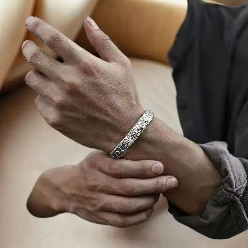 Retro Copper Coins Pixiu Charms Bracelet Men's Silver 925 Design Simple Chinese Style Domineering Open Bangles Jewelry