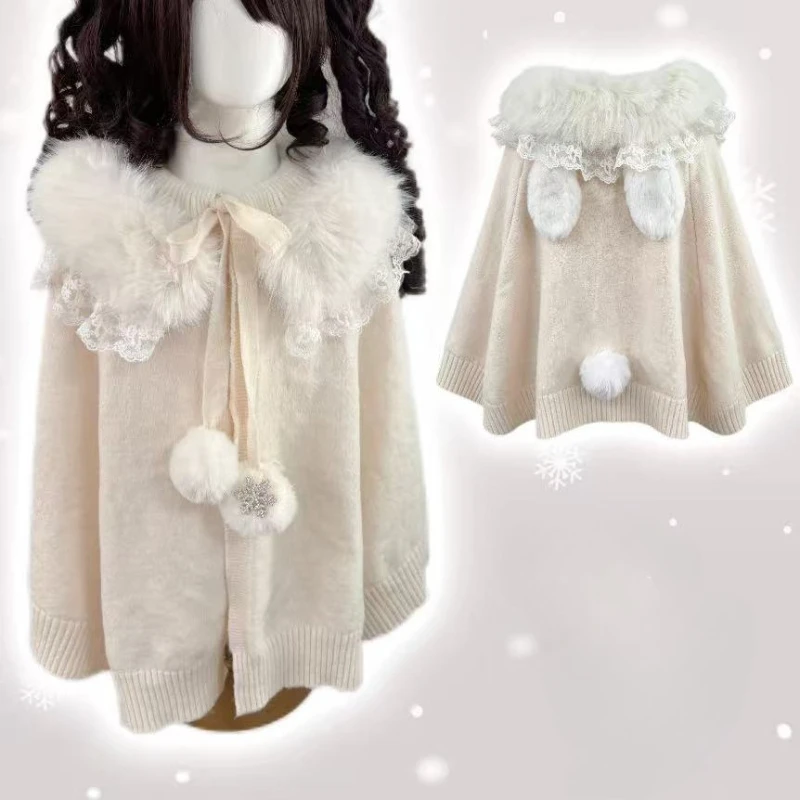 Japanese Kawaii Cute Bunny Ear Hooded Cloak Womens Sweet Fur Patchwork Cat Paw Bow Knitted Cardigan Coats Harajuku Y2k Capes Top