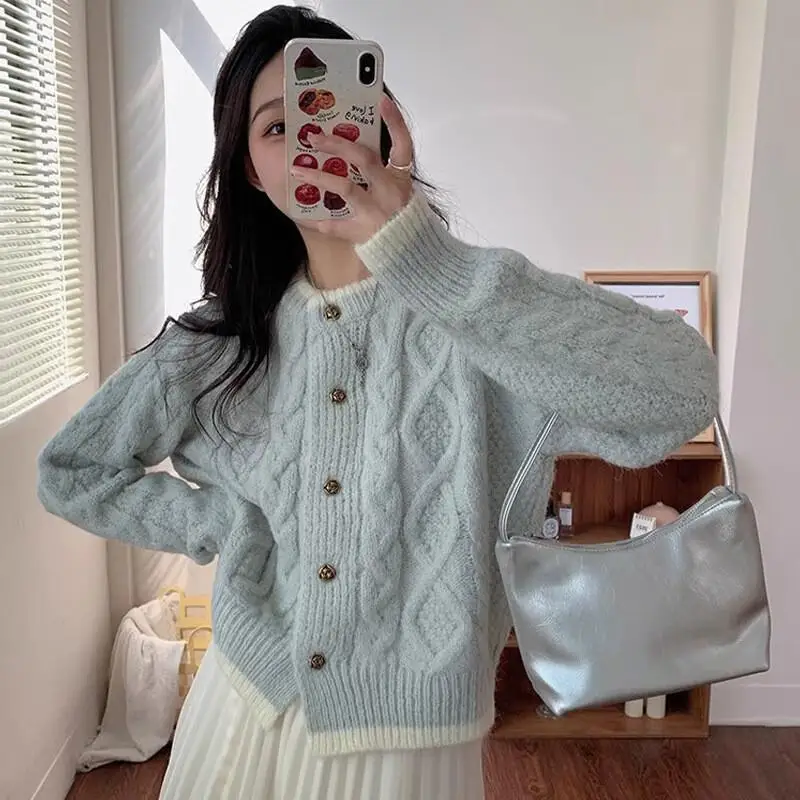 

blue short tops twist knitted cardigan for women early spring and autumn soft waxy lazy style sweater jacket Hot Style Fashion