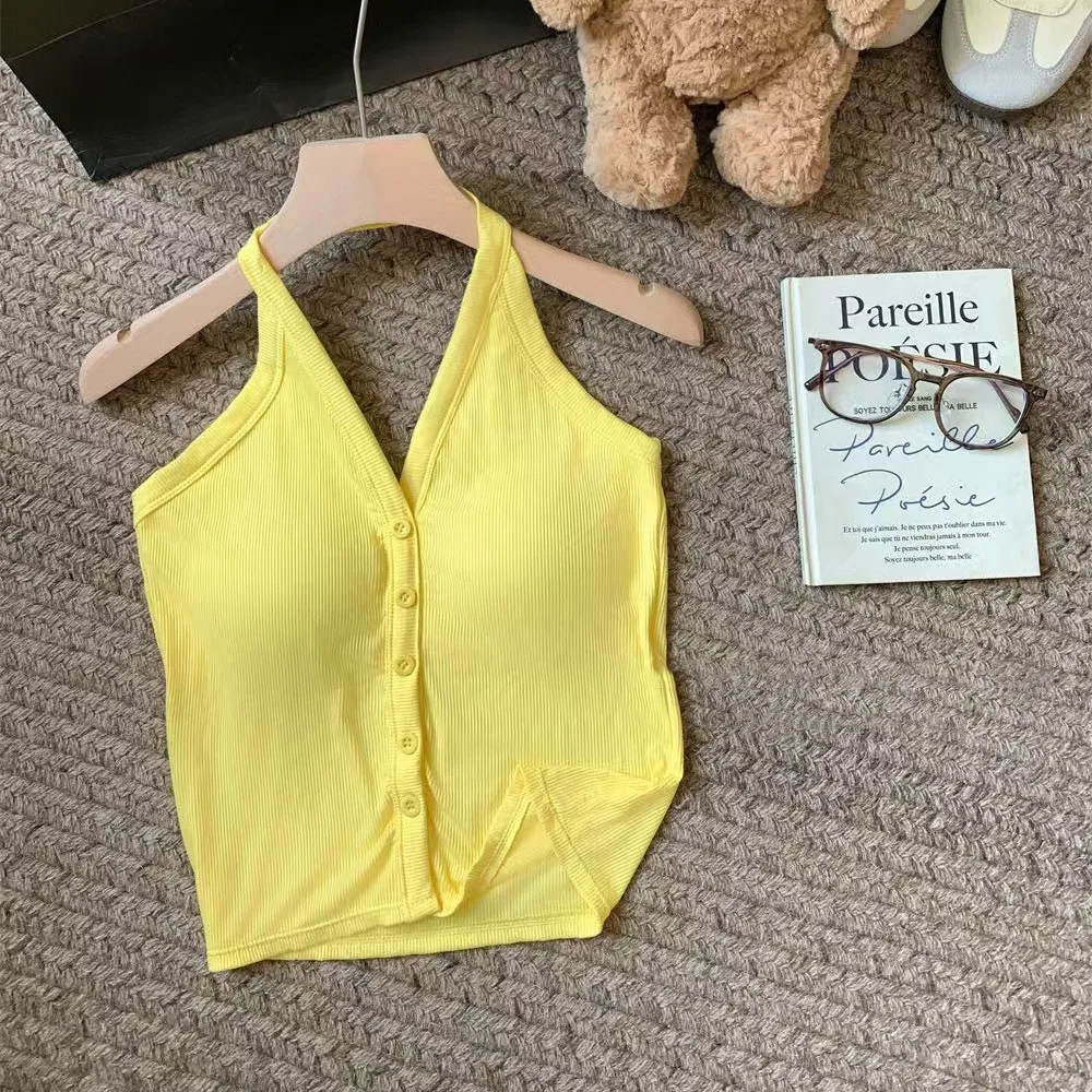 

Simple Halter Knitted Slim Crop Top Y2K Round Neck Women's Vest Top Tank Hollow Out Sleeveless Camisole Seaside