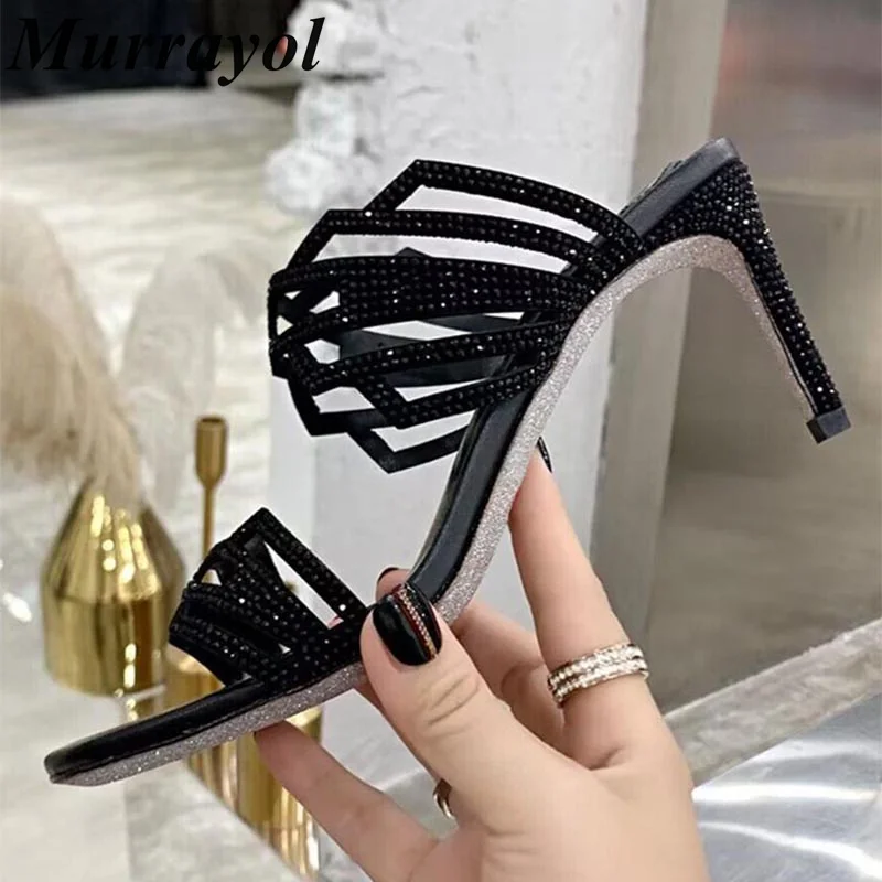 

New Square Toe One Strap Sexy Slippers Women Rhinestone Decor Thin High Heels Sandals Summer Dress Shoes Pumps Wedding Shoes