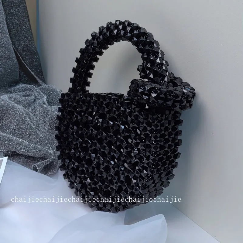 New Handmade Beaded Round Women's Handbag Customized Female Designer Ins Versatile Black Twist Stick Handbag Party Banquet Bag