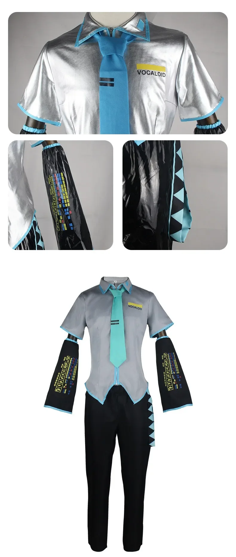 Cosplay talla europea hombre Miku Cosplay disfraz peluca conjunto completo tela de cuero plateado traje Miku uniforme de estilo masculino