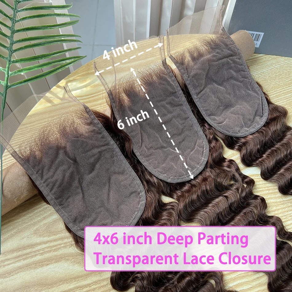 4x6 Inch Transparent Lace Closure Deep Wave Human Hair #4 Brown Color Melt Skin Bleached Knots Invisible Lace Raw Hair For Women